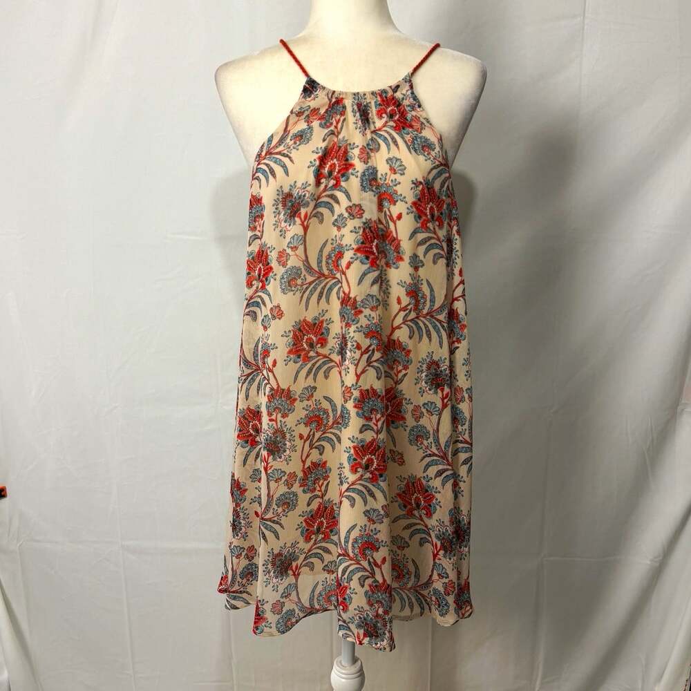 BB Dakota Sz S Ivory Floral Halter Sleeveless Shift Mini Dress Chiffon